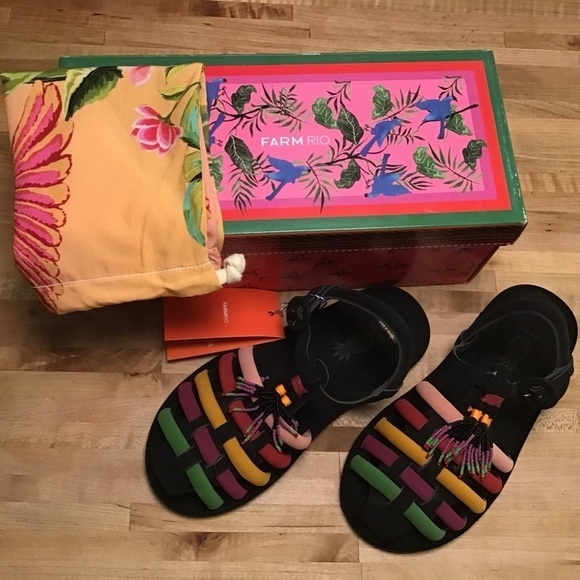 Farm Rio Beaded Rainbow Tube Strap Tassel Sandals with tropical print dust bag … - Picture 2 of 6